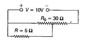 As shown in the figure above, a resistance of R=5 Omega draws current from a potentiometer of total resistance  R(0) = 30 Omega. A voltage V=10 V is supplied to the potentiometer. What is the voltage across R when the sliding contact is in the middle of the potentiometer?