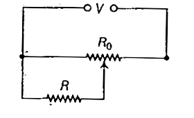 A resistance of R Omega  draws current from a potentiometer. The potentiometer has a total resistance R(0) Omega . A voltage V is supplied to the potentiometer. Find the value of drop of potential across R. [ V=5 V, R(0) = 20  Omega , R=10 Omega and O is the middle point of R(0)]