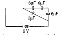 Four capacitor of values 6 μF, 6 μF,6 μEand2 μF,areconnected to a 6 V battery as shown in the figure. Determine the   equivalent capacitance of the network.