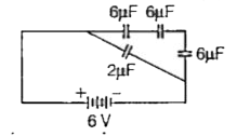 Four capacitor of values 6 μF, 6 μF,6 μEand2 μF,areconnected to a 6 V battery as shown in the figure. Determine the   the charge on each capacitor.