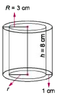 A hollow cylinder made of wood has thickness 1 cm while its external radius is 3 cm. If the height of the cylinder is 8 cm, then find the volume, curved surface area and total surface area of the cylinder.