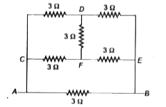 छः प्रतिरोध जिसमें प्रत्येक का मान 3 ओम है चित्रानुसार जुड़े हुए हैं। A एवं B के बीच 3 वोल्ट विद्युतवाहक बल का सेल लगा हुआ है। A तथा B के बीच प्रभावी प्रतिरोध एवं प्रवाहित धारा का मान होगा