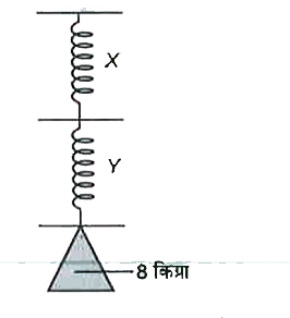 एक 8 किग्रा द्रव्यमान की वस्तु को श्रेणी क्रम में जुड़ी दो हल्की स्प्रिंगों X तथा Y से चित्रानुसार लटकाया गया  है। स्प्रिंग X तथा Y के पाठ्यांक होंगें