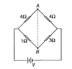 चित्र में दिखाए गए परिपथ में, यदि एक चालक तार द्वारा A और B बिन्दुओं को जोड़ा जाए, तो इस तार में प्रवाहित धारा