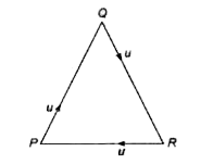 एकसमान द्रव्यमान के तीन व्यक्ति P, Q एवं d भुजा के एक समबाहु त्रिभुज के शीर्ष पर खड़े हैं। यदि प्रत्येक व्यक्ति दूसरे शीर्ष पर खड़े व्यक्ति की दिशा में चलता है, तो कितने समय बाद में तीनों मिलेंगे?