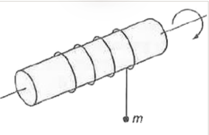 M द्रव्यमान व R त्रिज्या का एक ठोस बेलन एक घर्षणहीन अक्ष के परितः घूर्णन के लिए स्वतन्त्र है चित्रानुसार द्रव्यमानहीन डोरी को बेलन के चारो ओर लपेटा गया है जिसके सिरे से m द्रव्यमान की वस्तु को लटकाया गया है वस्तु को विरामावस्था में मुक्त किया जाता है।       डोरी में तनाव है