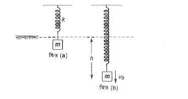 एक m द्रव्यमान का ब्लॉक k बल नियतांक की स्प्रिंग से साम्यावस्था में लटका है चित्र (a)। इस ब्लॉक को इसकी साम्य स्थिति से नीचे की ओर विस्थापन देकर v(0)  चाल प्रदान की जाती है चित्र (b)। इस झटके से ब्लॉक सरल आवर्त गति करने लगता है।   पहली बार माध्य स्थिति पर पहुँचने में ब्लॉक को समय लगेगा