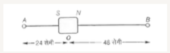 एक दण्ड चुम्बक जिसकी लम्बाई 3 सेमी है, से 24 सेमी व 48 सेमी दूरी पर विपरीत दिशाओं में चित्रानुसार दो बिन्दु A व B हैं। इन बिन्दुओं पर चुम्बकीय क्षेत्रों का अनुपात होगा