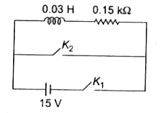 दर्शाये गए परिपथ में, एक प्रेरक (L = 0.03  हेनरी) तथा एक प्रतिरोधक (R=0.15 k Omega)   किसी 15 वोल्ट विद्युत वाहक बल (ई. एम. एफ.) की बैटरी से चित्रानुसार जुड़े है। कुंजी K(1)   को बहुत समय तक बन्द रखा गया है। इसके पश्चात् समय t = 0 पर, K(1)  को खोल कर साथ ही साथ,   को बन्द किया जाता है। समय t = 1 मिली सेकण्ड पर, परिपथ में विद्युत धारा होगी (e^(5)~=150)