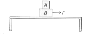द्रव्यमान m(A)= 1 kg तथा m(B) = 3 kg के दो गुटकों A तथा B को चित्रानुसार एक मेज पर रखा गया है। A तथा B के बीच घर्षण गुणांक 0.2 एवं B तथा मेज के बीच भी घर्षण गुणांक 0.2 है। गुटके B पर लगाए गए क्षैतिज बल F का अधिकतम मान, जिससे गुटका A, गुटका B के ऊपर नहीं फिसले, होगा (दिया है, g=10 m//s^(2))