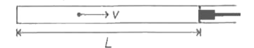 एक भारी , खोखली और सीधी नलिका के अक्ष की दिशा में एक m द्रव्यमान का छोटा कण गतिशील है और वह नलिका के दोनों सिरों से प्रत्यास्थ संघट्ट ( Elastic collision ) करता है । नलिका की सतह पर कोई घर्षण नहीं है और इसका एक सिरा एक समतल सतह से बन्द है , जबकि दूसरे सिरे पर एक समतल सतह वाला भारी चलायमान पिस्टन है , जैसा कि चित्र में दर्शाया गया है । जब पिस्टन बन्द सिरे से L = L(0). की दूरी पर है , तब कण की गति v=v(0) है । पिस्टन को अन्दर की ओर बहुत कम गति v lt< ((dl)/L)v(0) चलाते हैं , जहाँ dL पिस्टन का अतिसूक्ष्म ( Infinitesimal ) विस्थापन है । निम्नलिखित कथनों में से कौन - सा ( से ) सही है / हैं ) ?