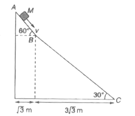 एक नत समतल के घर्षण रहित पृष्ठ पर M द्रव्यमान का एक छोटा गुटका गतिमान है, बिंदु B पर नत समतल का कोण 60 ^(@)से 30 ^(@) अचानक परिवर्तित होता है।  गुटका प्रारम्भ में बिंदु A पर विरामावस्था में है।  नत समतल तथा गुटके के बिच संघट्ट अप्रत्यास्थ माना गया (g =10 मी/से ^(2 ))      दूसरे नत समतल से टकराने के तुरंत बाद बिंदु B पर गुटके की चाल है