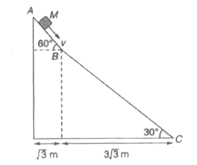 एक नत समतल के घर्षण रहित पृष्ठ पर M द्रव्यमान का एक छोटा गुटका गतिमान है, बिंदु B पर नत समतल का कोण 60 ^(@)से 30 ^(@) अचानक परिवर्तित होता है।  गुटका प्रारम्भ में बिंदु A पर विरामावस्था में है।  नत समतल तथा गुटके के बिच संघट्ट अप्रत्यास्थ माना गया (g =10 मी/से ^(2 ))      दूसरे ताल समतल को छोड़ने के तुरंत बाद बिंदु C पर गुटके की चाल है