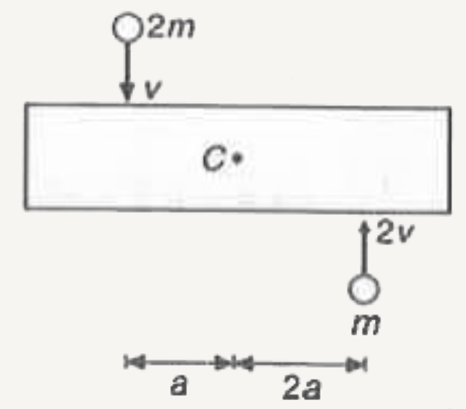 लम्बाई 6a तथा द्रव्यमान 8m की एकसमान छड़, चिकनी क्षैतिज मेज पर रखी है। m तथा 2m द्रव्यमान के दो बिंदु द्रव्यमान क्रमशः 2v तथा v वेग से गति करते हुए चित्रानुसार दण्ड से टकराते हैं तथा चक्कर के बाद छड़ से चिपक जाते हैं। यदि द्रव्यमान केंद्र के परितः कोणीय वेग, द्रव्यमान केंद्र का वेग तथा कुल ऊर्जा E क्रमशः omega, v(C) तथा E हो तो टक्कर के उपरांत