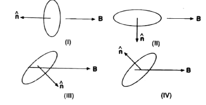 एक धारावाही लूप को एकसमान चुम्बकीय क्षेत्र B में चार विभिन्न विन्यासों I, II, III तथा IV में रखा गया है। इन्हें स्थितिज ऊर्जा के घटते क्रम में व्यवस्थित कीजिए।