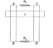 दो समान्तर कयाधर धातु की पटरियाँ AB NCD परस्पर 1.0 मी की दूरी पर हैं। ये दोनों सिरों पर प्रतिरोधों R, तथा R, से चित्रानुसार जुड़ी हैं। 0.2 किग्रा द्रव्यमान की धातु की L लम्बाई की एक क्षैतिज छड़ इन पटरियों पर काघर नीचे की ओर बिना घर्षण के गुरुत्व के अन्तर्गत फिसलती है। पटरियों के तल के लम्बवत् 0.6 टेसला का एकसमान क्षैतिज चुम्बकीय क्षेत्र है। यह देखा जाता है कि जब छड़ सीमान्त वेग प्राप्त कर लेती है, तो R(1), तथा R(2), में शक्ति क्षय क्रमशः 0.76 वाट तथा 1.2 वाट है। छड़ का सीमान्त वेग तथा R(1), व R(2), के मान ज्ञात कीजिए।