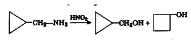 नाइट्रस अम्ल सभी प्रकार के ऐमीनों से क्रिया करता है। इन अभिक्रियाओं से प्राप्त उत्पाद इस पर निर्भर करते हैं कि ऐमीन प्राथमिक, द्वितीयक या तृतीयक है तथा ऐमीन ऐलिफैटिक है या ऐरोमैटिक। ऐलिफैटिक प्राथमिक ऐमीन नाइट्रस अम्ल (NaNO2  + HCl) के साथ क्रिया करके ऐल्कोहॉल मुख्य उत्पाद के रूप में बनाते हैं। ऐल्कोहॉल के अतिरिक्त, ऐल्कीन व ऐल्किल हैलाइड भी कम मात्रा में बनते हैं। कुछ चक्रीय प्राथमिक ऐमीन नाइट्रस अम्ल के साथ या तो वलय वृद्धि या वलय संकुचन अभिक्रियाएँ देते हैं। यह । अभिक्रिया डेमजैनट वलय वृद्धि या संकुचन कहलाती हैं।      दो यौगिकों (A) व (B) की क्रिया नाइट्रस अम्ल से कराते हैं    underset((A))(CH3- overset(NH2) overset(|)(CH)-CH3,)underset((B))(CH3CH2CH2 NH2)   सम्बन्धित स्थायी कार्बधनायन मध्यवर्ती है