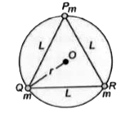तीन कण जिनमें प्रत्येक का द्रव्यमान m है, अपने पारस्परिक गुरुत्वाकर्षण के अन्तर्गत् r त्रिज्या के वृत्त में एकसमान कोणीय वेग omega से घूर्णन करते हैं। यदि किसी क्षण में ये कण एक L भुजा वाले समबाहु Delta के शीर्ष हैं, तब कोणीय वेग  omega है