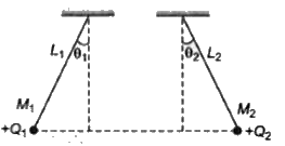 दो छोटे गोलों के द्रव्यमान M(1) तथा M(2) है, ये भारहीन L(1) तथा L(2) लम्बाइयों की रोधी रस्सियों द्वारा लटकाये गए है। गोलों पर क्रमशः Q(1) व Q(2) आवेश है। गोले एकसमान तल में लटके है तथा ऊर्ध्वाधर से theta(1) व theta(2) कोण बनाती है जैसाकि चित्र में दिखाया गया है, रस्सियाँ निम्नलिखित में से कौन-सी स्थिति सारभूत है, यदि Q(1)=Q(2)?