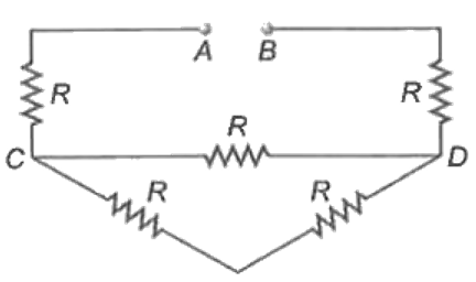 यदि दिए गए चित्र में R=3Omega तो बिन्दुओं A तथा B के बीच तुल्य प्रतिरोध कितना है?
