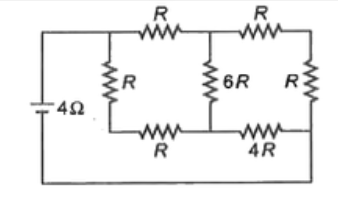 चित्र में दिखाए गए परिपथ में 4Omega आन्तरिक प्रतिरोध वाली बैटरी जोड़ी गई है। परिपथ को महत्तम शक्ति देने के लिए R (ओम में) का मान होना चाहिए