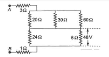 8 प्रतिरोध के सिरों के बीच 48 वोल्ट विभवान्तर है जैसा चित्र में दिखाया गया है। A तथा B के बीच विभवान्तर होगा