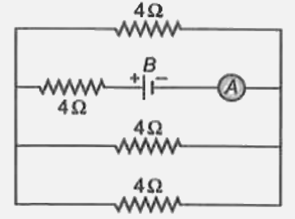 चार एकसमान प्रतिरोध जिनमें प्रत्येक 4Omega का है, चित्र में दिखाए गए परिपथ के अनुसार जुड़े है। सेल B का वि. वा. बल 2 वोल्ट है तथा इसका आन्तरिक प्रतिरोध नगण्य है। अमीटर का पाठ्यांक है