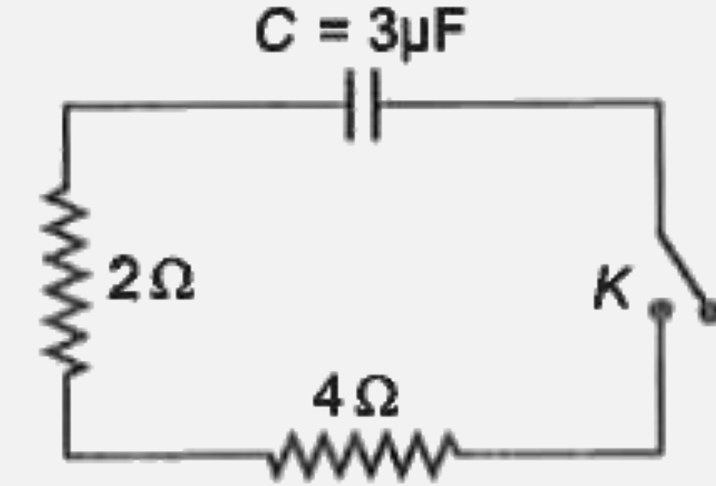 एक संधारित्र की धारिता 3muF है। इसे पहले 10 वोल्ट की बैटरी द्वारा आवेशित किया जाता है, तब इसे 2Omega तथा 4Omega  प्रतिरोधकों द्वारा चित्रानुसार कुंजी बन्द करके अनावेशित किया जाता है। 2Omega  प्रतिरोधक में व्यय ऊर्जा बराबर है