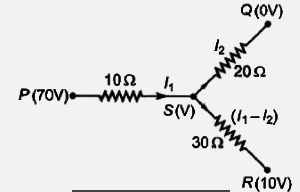 नीचे चित्र में P, Q तथा R पर विभव क्रमश: 70 वोल्ट, शून्य तथा 10 वोल्ट है