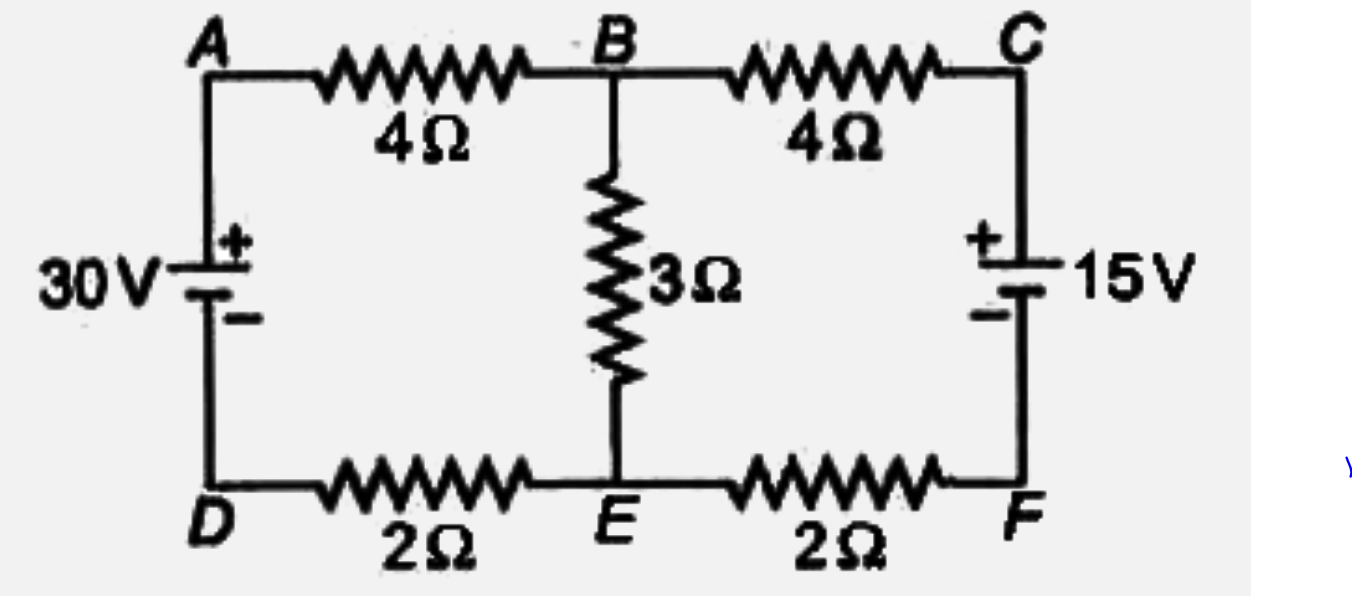 दिया गया चित्र एक ऐसे चालक को दर्शाता है, जिसमें 5 प्रतिरोध तथा दो बैटरियों (नगण्य आन्तरिक प्रतिरोध) जुड़ी हैं। परिपथ का अध्ययन करके निम्नलिखित प्रश्नों के उत्तर दीजिए।    30 बोल्ट वाली बैटरी द्वारा परिपथ को दी गई धारा है