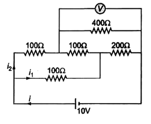 एक विघुत परिपथ चित्र में प्रदर्शित है। 400 ओम प्रतिरोध के वोल्ट्मीटर V द्वारा 400 ओम प्रतिरोध के सिरों पर विभान्तर की गणन कीजिये।