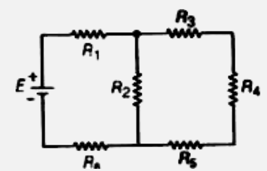 चित्र में दिखाई गई बैटरी से निकली धारा का मान (ऐम्पियर में) क्या होगा? दिया गया है-   R(1) = 15 Omega, R(2) = 10 Omega, R(3) = 20 Omega, R(4) = 5 Omega, R(5) = 25 Omega, R(6) = 30 Omega, E= 15 V
