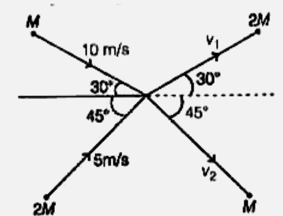 द्रव्यमान M तथा 2M के दो कण, गति 10 m/s तथा 5 m/s से चित्रानुसार चलते हुए मूलबिन्दु पर प्रत्यास्थ संघट्ट करते हैं। संघट्ट के बाद वो क्रमश: v(1)  तथा v(2)  की गति से दिखाई गई दिशाओं में चलते हैं। v(1)  तथा v2 के निकटतम मान होंगे-