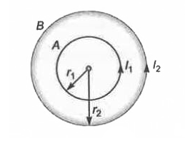 A तथा B केन्द्र O के दो संकेद्रीय वृत्ताकार चालक है तथा इनमे धारायें I(1) तथा I(2) है। उनकी त्रिज्याओं का अनुपात 1:2 है तथा A तथा B के कारण O पर फ्लक्स घनत्वों का अनुपात 1:3 है। (I(1))/(I(2)) का मान होगा