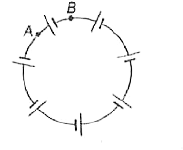 निम्नांकित चित्र में दर्शाए अनुसार सात एकसमान सेल, जिनमें से प्रत्येक का विद्युत वाहक बल E व आन्तरिक प्रतिरोध r  है, जोड़े गए हैं। A व B के मध्य विभवान्तर है