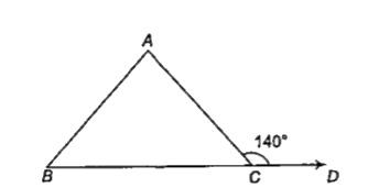 DeltaABC में बढ़ी हुई रेखा BC पर D कोई बिन्दु है। यदि AB= AC और angleACD की माप 140^@ हो, तो angleABC की माप निम्नलिखित में कौन-सी होगी?