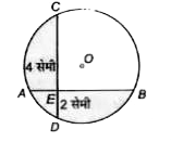 चित्र में, बिंदु O वृत्त का केंद्र है, जिसकी AB तथा CD परस्पर E पर प्रतिच्छेद करती हुए दो जीवाएं है।  यदि CE=4 सेमी तथा CD=2 सेमी हो, तो AE xx EB का मान होगा