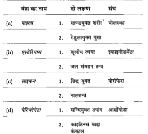 निम्नलिखित विकल्पों में से किसमें वंश के नाम, दो लक्षणों तथा संघ के नाम का सही प्रकार से मिलान नहीं किया गया है?