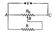 एक Romega का प्रतिरोध विभवमापी से धारा प्राप्त करता है। दर्शाए गए चित्र में विभवमापी का कुल प्रतिरोध R(0)Omega है। एक वोल्टेज V विभवमापी को आरोपित किया जाता है, तो R पर वोल्टेज के लिए व्यंजक क्या होगा, जब जॉकी विभवमापी के मध्य हो ?