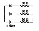 दर्शाए गए परिपथ में दो डायोड हैं, जिसमें प्रत्येक के साथ 30Omegaका अग्रदिशिक प्रतिरोध तथा पश्चदिशिक अनन्त प्रतिरोध संयोजित है। यदि बैटरी 3 वोल्ट की है, तो 50pi  के प्रतिरोध में प्रवाहित धारा (ऐम्पियर में) है