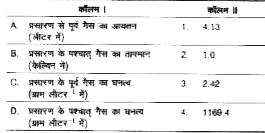 10 ग्राम ऑक्सीजन को 3 वायुमंडलीय दाब तथा 10^(@)C ताप पर रखकर नियत दाब से गर्म करने पर वह 10 लीटर तक प्रसारित हो जाती है । दी गई स्थिति के सापेक्ष, कॉलम I के अवयवों को कॉलम II  के अवयवों से मिलाइये तथा सही विकल्प का चुनाव कीजिये।  (R= 0.0821 atm-litre K^(-1) mol^(-1))