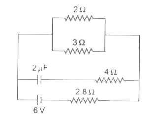 संग्लग्न चित्र में 2 mu F का एक संधारित्र में 4 Omega के प्रतिरोध के साथ जोड़ा गया है| 2 Omega के प्रतिरोध में धारा का मान होगा