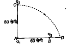 चित्र में प्रदर्शित q(1) = +2 xx 10^(-8) कूलॉम तथा q(2) = -0.4 xx 10^(-8) कूलॉम है | एक आवेश q(3) = 0.2 xx 10^(-8) कूलॉम को वृत्त की चाप के अनुदिश C से D तक चलाया जाता है | q(3) की स्थितिज ऊर्जा