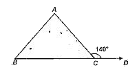 DeltaABC में बढ़ी हुई रेखा BC पर D कोई बिन्दु है। यदि AB = AC और angleACD की माप 140^(@) हो, तो angleABC की माप निम्नलिखित में कौन-सी होगी?