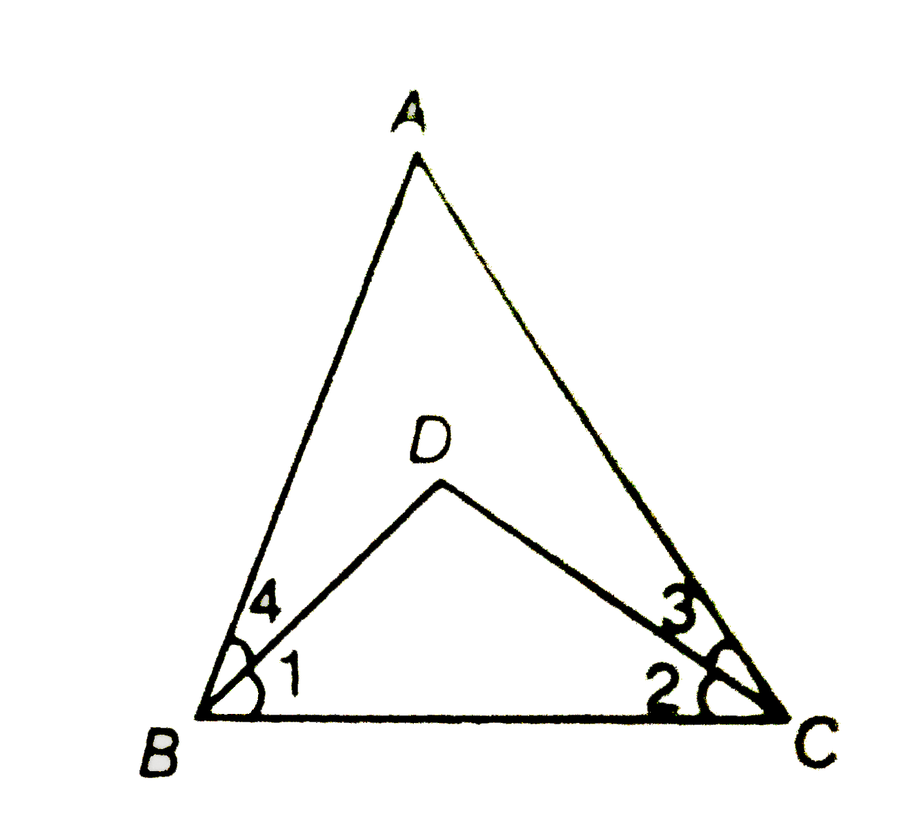 In the ajoining figure , we haveangleABC=angleACBand angle3=angle4. Show that BD=DC.