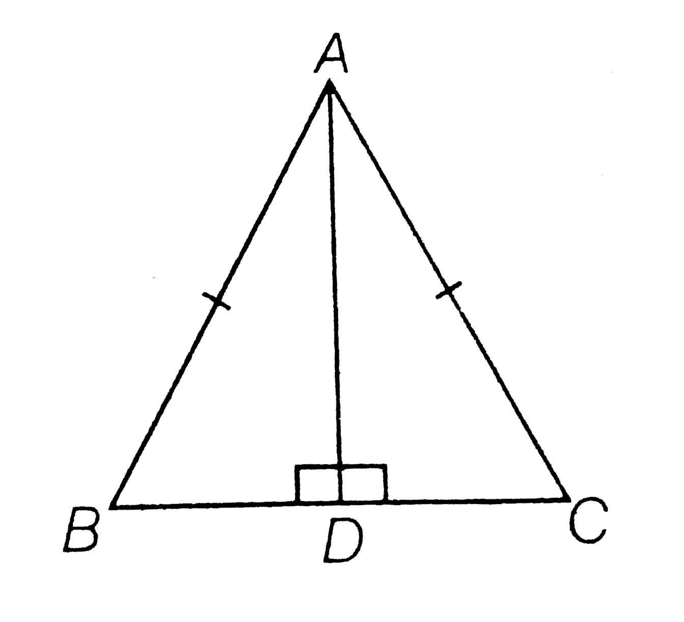 ABC is an isosceles triangle with AB=AC and D is a point on ABC BC such that AD|BC (see figure ). To prove that angleBAD =angleCAD  a student proceeded as follows       In Delta ABD and Delta ACD,we have   AB=AC