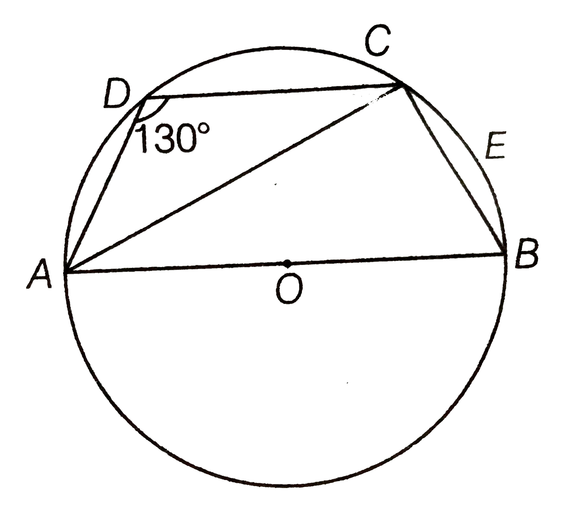 In Figure, A B C D is a cyclic quadrilateral whose side A B is a diameter of the circle through A ,\ B ,\ C ,\ Ddot If (/A D C)=130^0,find /B A C