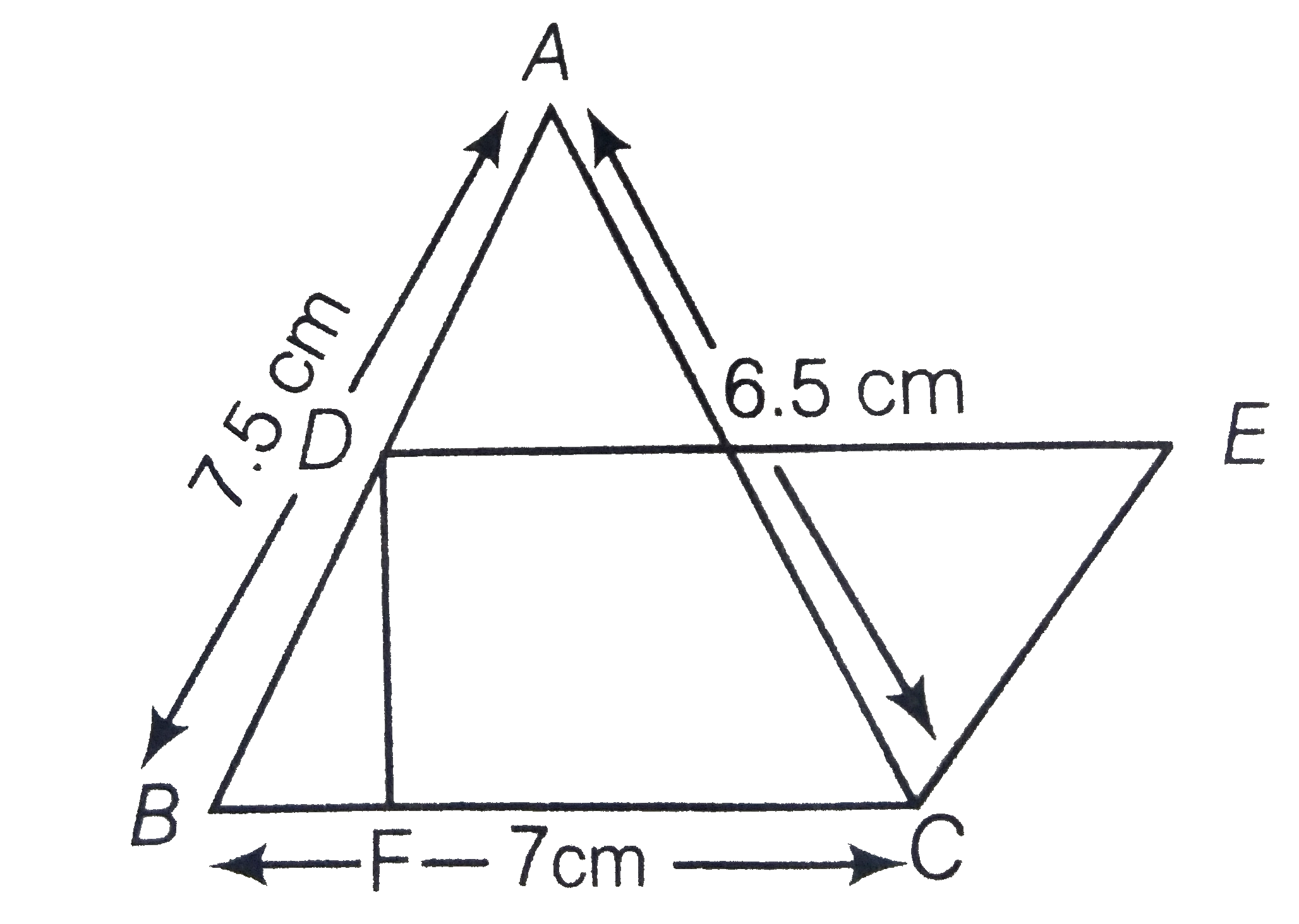 In figure, triangle ABC has sides AB=7.5 cm, AC = 6.5 cm and BC=7cm. On base BC a parallelogram DBCE of same area as that of triangle ABC is constructed. Find the height DF of the parallelogram.