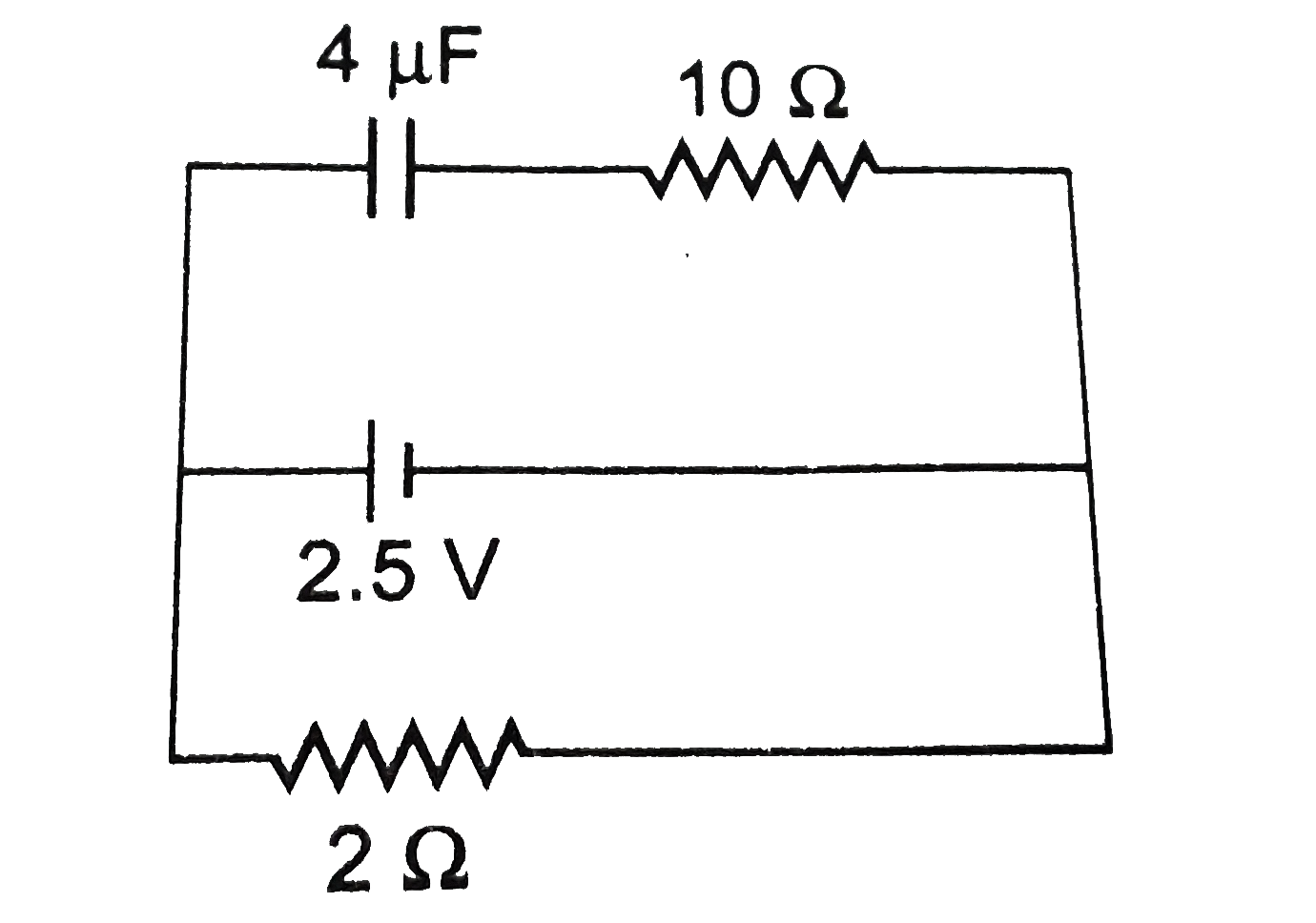 A capacitor of 4muF is connected as shwon in the figure. The internal resistance of the battery is 0.5Omega. The amount of charge on the capacitor plates will be