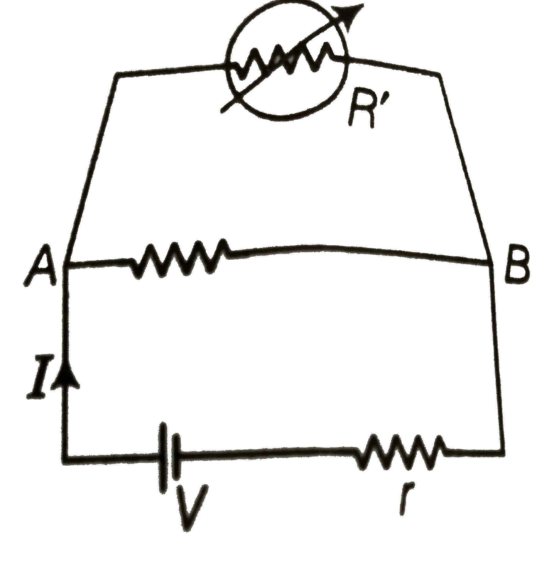 Consider a simple circuit shown in figure stands for a variable resistance R'.R' can vary from R(0) to infinity. R is internal resistance of the battery (r lt lt R lt lt R).